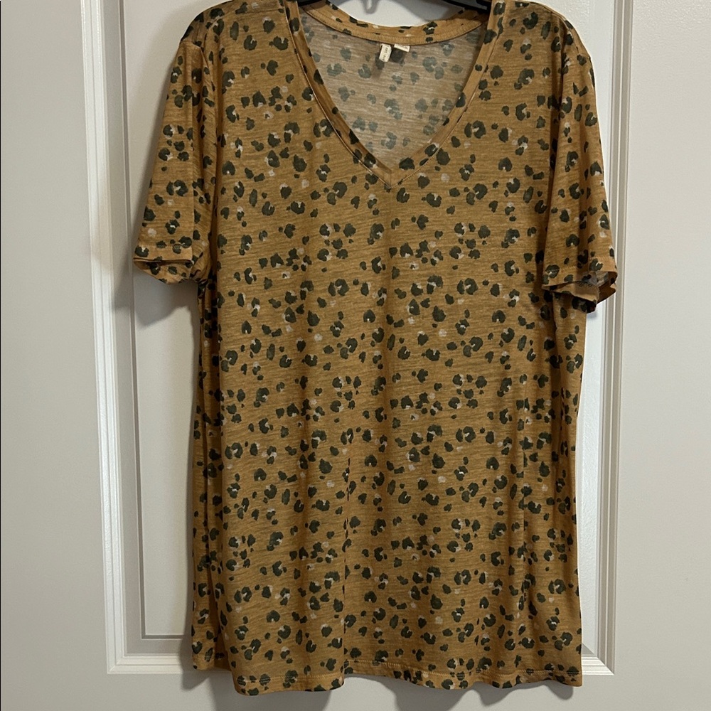Cato Gold with Green Print V-Neck Women's Top